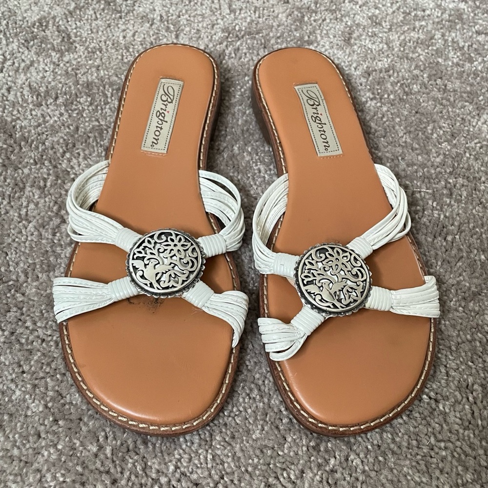 Brighton⚡️Ornate White and Tan Sandals with Elegant Silver Charm Accents - Picture 3 of 14